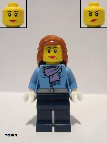 lego 2013 mini figurine cty0443 Citizen Medium Blue Jacket with Light Purple Scarf, Dark Blue Legs, Dark Orange Female Hair Mid-Length 