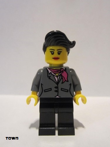 lego 2013 mini figurine cty0445 Citizen Dark Bluish Gray Jacket with Magenta Scarf, Black Legs, Top Knot Bun 