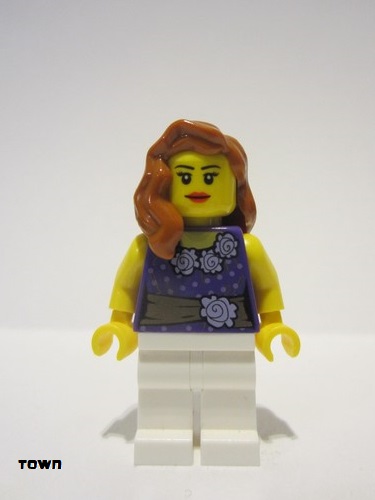 lego 2013 mini figurine twn171 Citizen Female Dark Purple Blouse with Gold Sash and Flowers, White Legs, Red Lips 