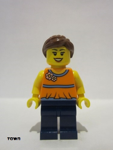 lego 2013 mini figurine twn185 Citizen Orange Halter Top with Medium Blue Trim and Flowers Pattern, Dark Blue Legs, Reddish Brown Ponytail and Swept Sideways Fringe 