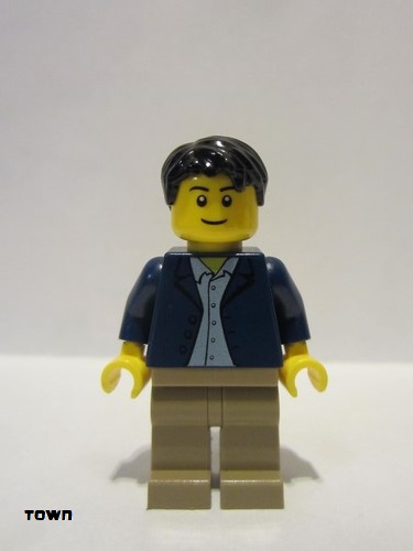 lego 2013 mini figurine twn186 Citizen Dark Blue Jacket, Light Blue Shirt, Dark Tan Legs, Black Male Hair 