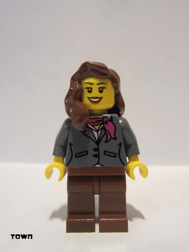 lego 2013 mini figurine twn196 Citizen Dark Bluish Gray Jacket with Magenta Scarf, Reddish Brown Legs, Reddish Brown Female Hair over Shoulder 