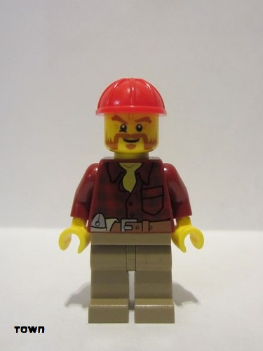 lego 2014 mini figurine cty0467 Citizen Flannel Shirt with Pocket and Belt, Dark Tan Legs, Red Construction Helmet, Beard 