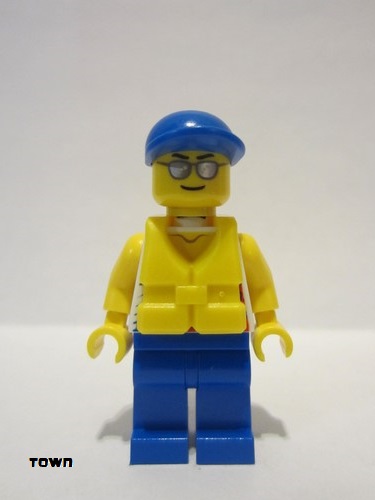 lego 2014 mini figurine cty0468 Citizen Tank Top with Surfer Silhouette, Blue Legs, Blue Short Bill Cap, Life Jacket Center Buckle, Silver Sunglasses 