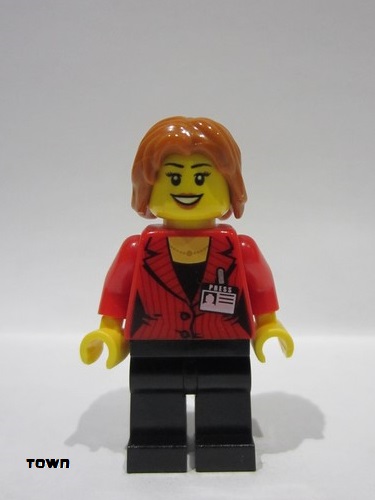 lego 2014 mini figurine cty0510 Press Woman / Reporter Black Legs, Dark Orange Mid-Length Tousled Hair 