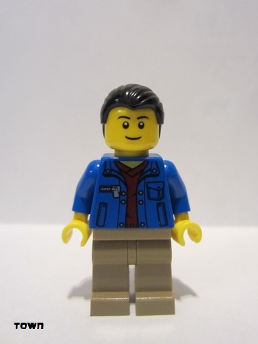 lego 2014 mini figurine cty0511 Citizen Blue Jacket over Dark Red V-Neck Sweater, Dark Tan Legs 