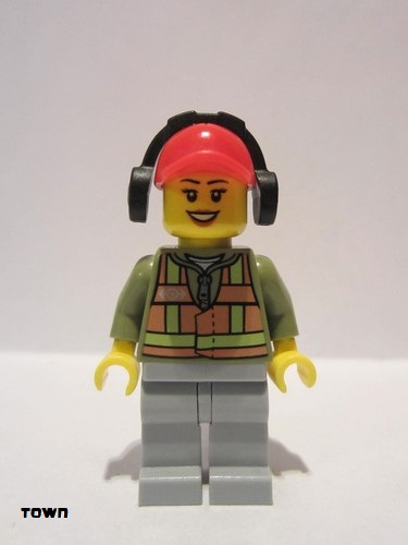 lego 2014 mini figurine trn236 Citizen Light Orange Safety Vest, Light Bluish Gray Legs, Red Cap with Hole, Headphones, Peach Lips 