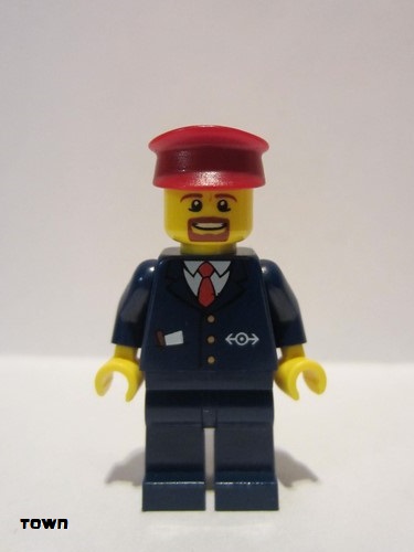 lego 2014 mini figurine trn237 Citizen Dark Blue Suit with Train Logo, Dark Blue Legs, Dark Red Hat, Brown Moustache and Goatee 