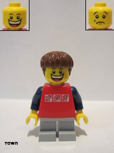 lego 2014 mini figurine twn205 Citizen Red Shirt with 3 Silver Logos, Dark Blue Arms, Light Bluish Gray Short Legs, Reddish Brown Hair 