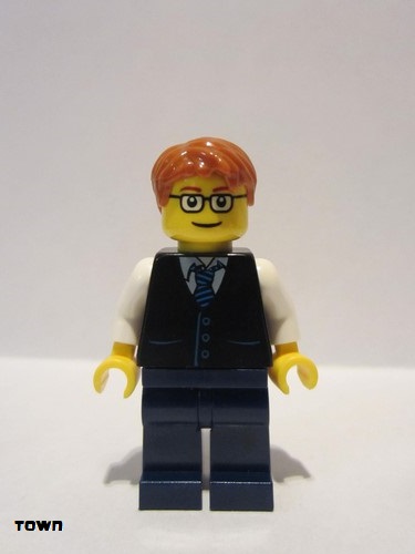 lego 2014 mini figurine twn211 Citizen Black Vest with Blue Striped Tie, Dark Blue Legs, White Arms, Dark Orange Short Tousled Hair, Rectangular Glasses 