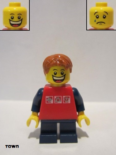 lego 2014 mini figurine twn214 Citizen Red Shirt with 3 Silver Logos, Dark Blue Arms, Dark Blue Short Legs, Dark Orange Hair 