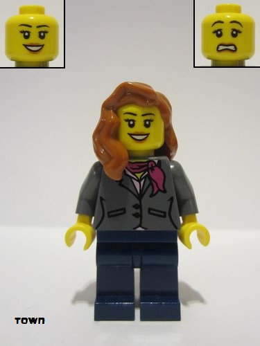 lego 2015 mini figurine twn217 Citizen Dark Bluish Gray Jacket with Magenta Scarf, Dark Blue Legs, Dark Orange Female Hair over Shoulder 