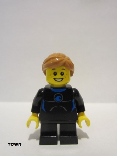 lego 2015 mini figurine twn226 Citizen Wetsuit with Blue Sign, Black Short Legs, Medium Nougat Ponytail and Swept Sideways Fringe 