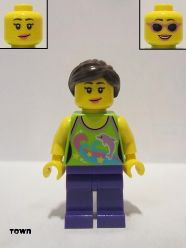 lego 2015 mini figurine twn227 Citizen Female Lime Halter Top with Dolphin Pattern, Dark Purple Legs, Dark Brown Ponytail and Swept Sideways Fringe, Pink Lips 