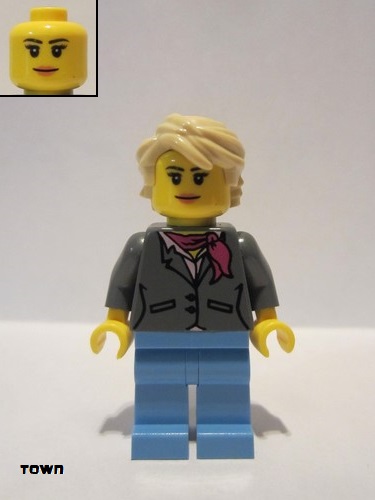 lego 2015 mini figurine twn236 Grandma Dark Bluish Gray Jacket with Magenta Scarf, Medium Blue Legs, Tan Hair 