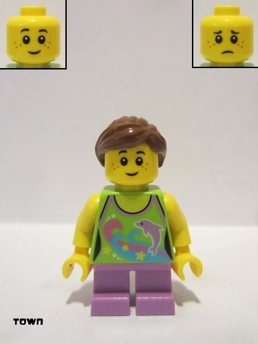 lego 2015 mini figurine twn241 Girl Dolphin Top, Short Medium Lavender Legs, Reddish Brown Ponytail and Swept Sideways Fringe 