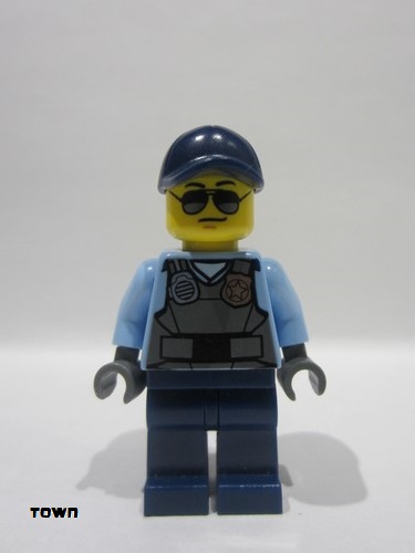 lego 2016 mini figurine cty0619 Police - City Officer Sunglasses, Gray Vest with Radio and Gold Badge, Dark Blue Legs, Dark Blue Cap 