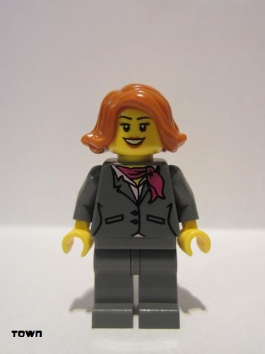 lego 2016 mini figurine cty0623 Ferry Passenger Dark Bluish Gray Jacket with Magenta Scarf, Dark Bluish Gray Legs, Dark Orange Female Hair Short Swept Sideways 