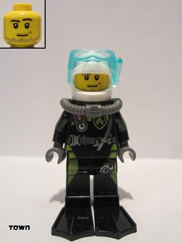 lego 2016 mini figurine cty0639 Fire Scuba Diver, Black Flippers, Dark Bluish Gray Scuba Tank, White Helmet, Trans-Light Blue Scuba Mask 