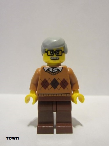 lego 2016 mini figurine cty0659 Grandfather Medium Nougat Argyle Sweater, Light Bluish Gray Hair 