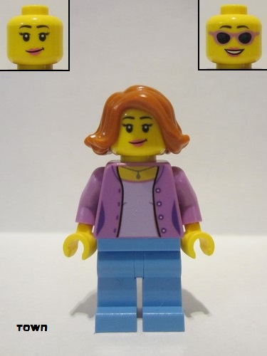 lego 2016 mini figurine cty0666 Citizen Medium Lavender Jacket over Lavender Shirt, Medium Blue Legs, Dark Orange Female Hair Short Swept Sideways 