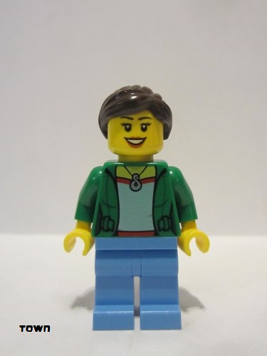 lego 2016 mini figurine cty0675 Customer Green Female Jacket Open with Necklace, Medium Blue Legs, Dark Brown Ponytail and Swept Sideways Fringe 