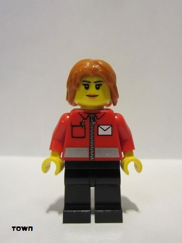 lego 2016 mini figurine cty0676 Postman Post Office White Envelope and Stripe, Black Legs, Dark Orange Mid-Length Tousled Hair 