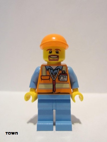 lego 2016 mini figurine cty0704 Citizen Orange Safety Vest with Reflective Stripes, Medium Blue Legs, Orange Short Bill Cap, Goatee 