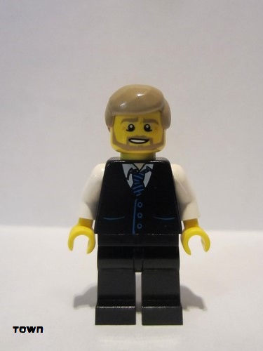 lego 2016 mini figurine cty0705 Citizen Black Vest with Blue Striped Tie, Black Legs, White Arms, Dark Tan Male Hair, Dark Tan Beard 