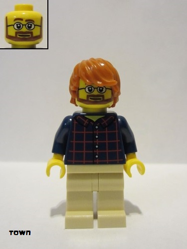 lego 2016 mini figurine cty0726 Citizen Plaid Button Shirt Front and Back, Tan Legs, Dark Orange Tousled Hair 