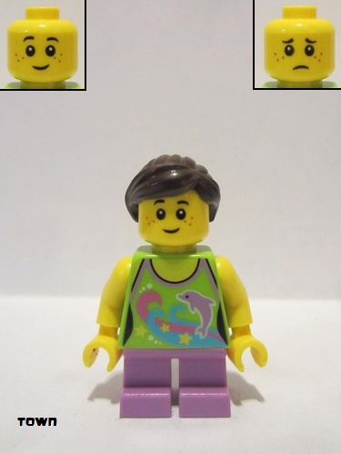 lego 2016 mini figurine twn265 Girl Dolphin Top, Short Medium Lavender Legs, Dark Brown Ponytail and Swept Sideways Fringe 