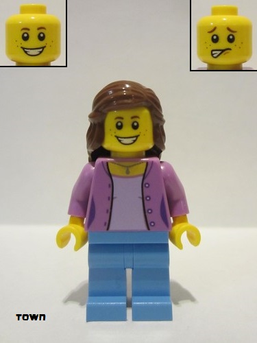 lego 2016 mini figurine twn280 Citizen Medium Lavender Jacket over Lavender Shirt, Medium Blue Legs, Reddish Brown Female Hair Mid-Length 