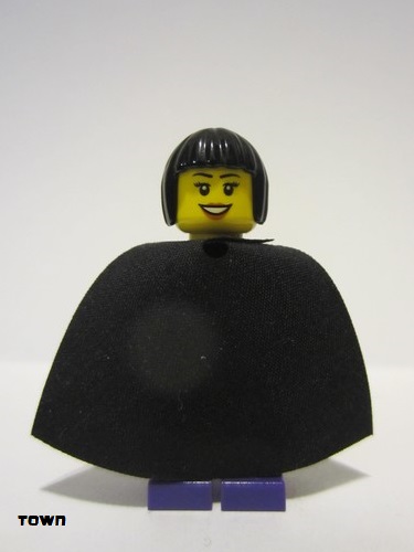 lego 2016 mini figurine twn281 Citizen Female Dark Purple Blouse with Gold Sash and Flowers, Dark Purple Legs, Black Bob Cut Hair, Cape 