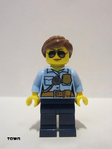 lego 2017 mini figurine cty0744 Police - City Officer Female, Bright Light Blue Shirt with Badge and Radio, Dark Blue Legs, Reddish Brown Ponytail and Swept Sideways Fringe 