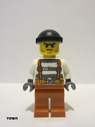 lego 2017 mini figurine cty0777 Police - City Bandit Crook Overalls 621 Prison Stripes, Dark Orange Legs, Black Knit Cap, Beard Stubble and Scowl 