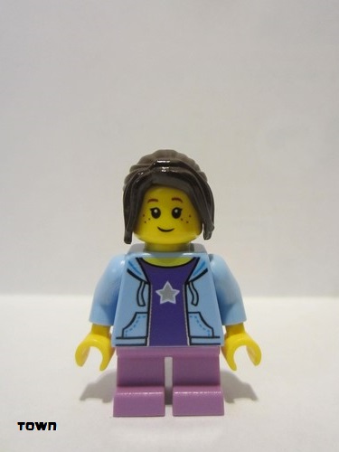 lego 2017 mini figurine cty0782 City Bus Passenger Bright Light Blue Hoodie, Medium Lavender Short Legs, Dark Brown Hair Ponytail Long with Side Bangs, Freckles 