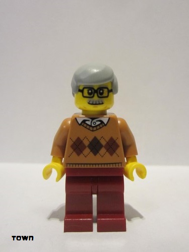 lego 2017 mini figurine cty0786 City Newsstand Visitor Medium Nougat Argyle Sweater, Dark Red Legs, Light Bluish Gray Hair 