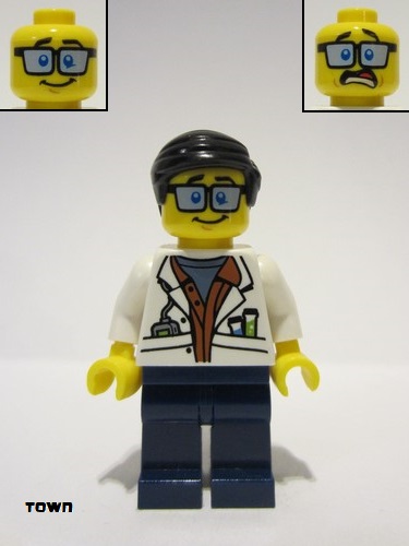 lego 2017 mini figurine cty0789 City Jungle Scientist White Lab Coat with Test Tubes, Dark Blue Legs, Black Smooth Hair 