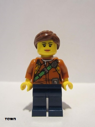 lego 2017 mini figurine cty0791 City Jungle Explorer Female - Dark Orange Shirt with Green Strap, Dark Blue Legs, Reddish Brown Ponytail and Swept Sideways Fringe 