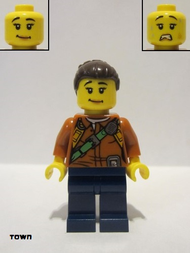 lego 2017 mini figurine cty0796 City Jungle Explorer Female - Dark Orange Shirt with Green Strap, Dark Blue Legs, Dark Brown Hair Female Large High Bun 