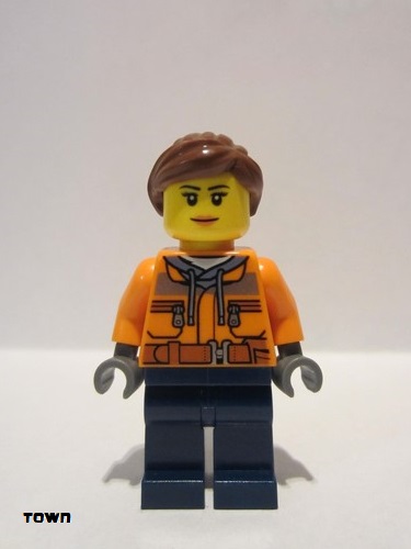 lego 2017 mini figurine cty0798 Cargo Center Worker Chest Pocket Zippers, Belt over Dark Gray Hoodie, Dark Blue Legs, Reddish Brown Hair, Peach Lips 