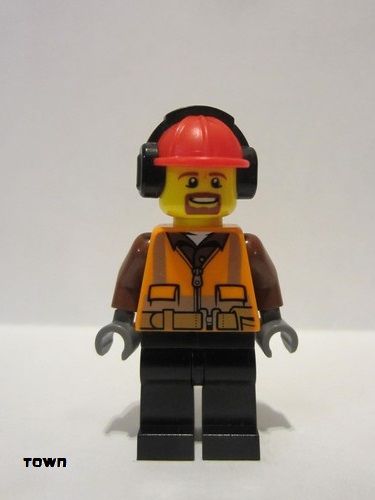 lego 2017 mini figurine cty0799 Cargo Center Worker Orange Zipper, Safety Stripes, Belt, Brown Shirt, Black Legs, Red Construction Helmet, Headphones , Brown Moustache and Goatee 