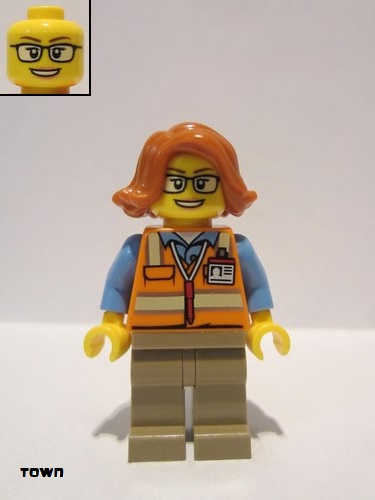 lego 2017 mini figurine cty0801 Cargo Office Worker Orange Safety Vest with Reflective Stripes, Dark Tan Legs, Dark Orange Female Hair Short Swept Sideways, Glasses 