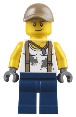 lego 2017 mini figurine cty0802 City Jungle Engineer White Shirt with Suspenders and Dirt Stains, Dark Blue Legs, Dark Tan Cap with Hole, Smirk 