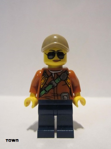 lego 2017 mini figurine cty0808 City Jungle Explorer Female - Dark Orange Shirt with Green Strap, Dark Blue Legs, Dark Tan Cap with Hole, Sunglasses 