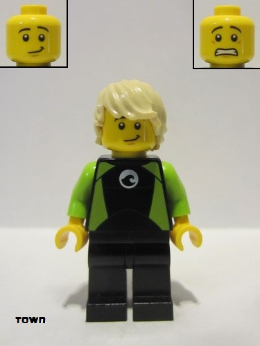 lego 2017 mini figurine cty0811 Coast Guard City - Surfer In Black and Lime Wetsuit, Tan Wavy Hair 