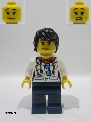 lego 2017 mini figurine cty0814 City Jungle Scientist Female - White Lab Coat with Sunglasses, Dark Blue Legs, Black Tousled Hair 