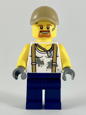 lego 2017 mini figurine cty0815 City Jungle Engineer White Shirt with Suspenders and Dirt Stains, Dark Blue Legs, Dark Tan Cap with Hole, Goatee 