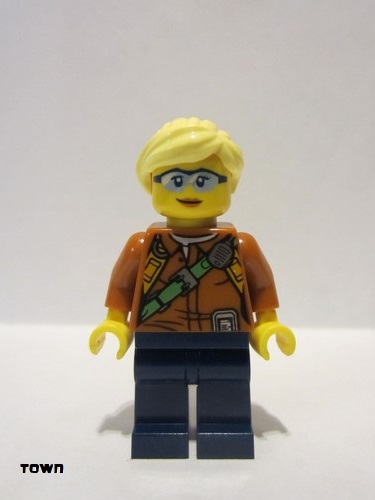 lego 2017 mini figurine cty0822 City Jungle Explorer Female - Dark Orange Shirt with Green Strap, Dark Blue Legs, Bright Light Yellow Ponytail and Swept Sideways Fringe 