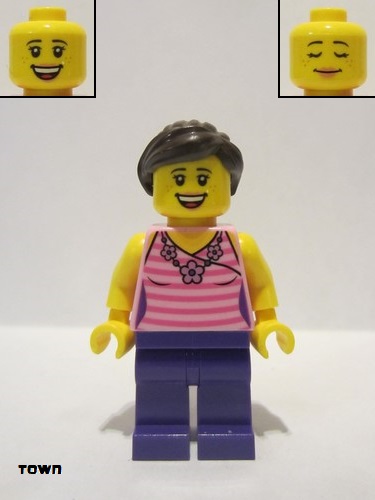 lego 2017 mini figurine twn288 Citizen Female, Dark Pink Striped Top, Dark Purple Legs, Dark Brown Hair Ponytail and Swept Sideways Fringe 